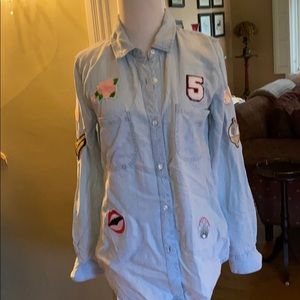 Rails button down silk jean top with patches